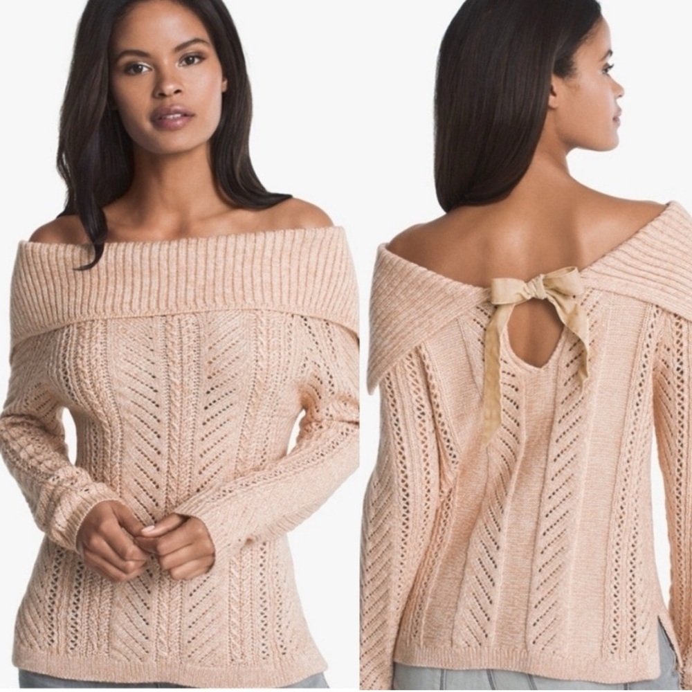 White House black market open knit peach pink velvet bow back‎ sweater size S